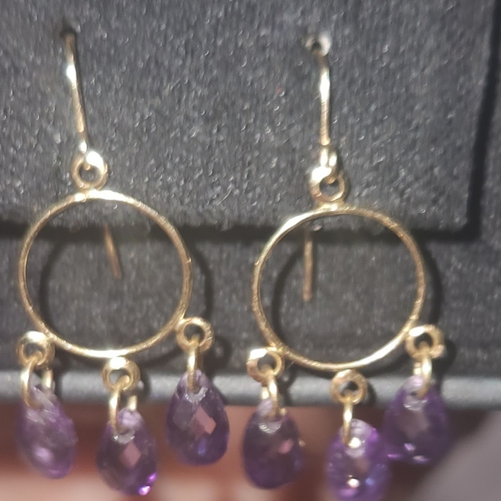 Amythest Briolette Cut Dangle Earrings Set In 14kt Yellow Gold - Picture 11 of 11